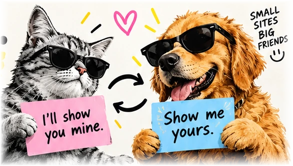 Cat and dog in sunglasses holding 'I'll show you mine' and 'Show me yours' signs